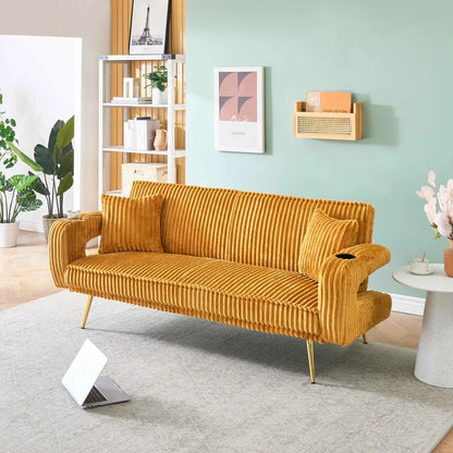 FFH Modern Corduroy Futon Sofa Bed with Adjustable Backrest,Convertible Loveseat Sleeper,Soft Couch with Drop-Down Table and Cup Holder for Living room,Pink