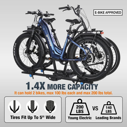 Young Electric Ebike Rack, 200lb Capacity, Alloy Steel Hitch Mount, Fits 5-Inch Fat Tire Bikes, 2-Inch Receiver