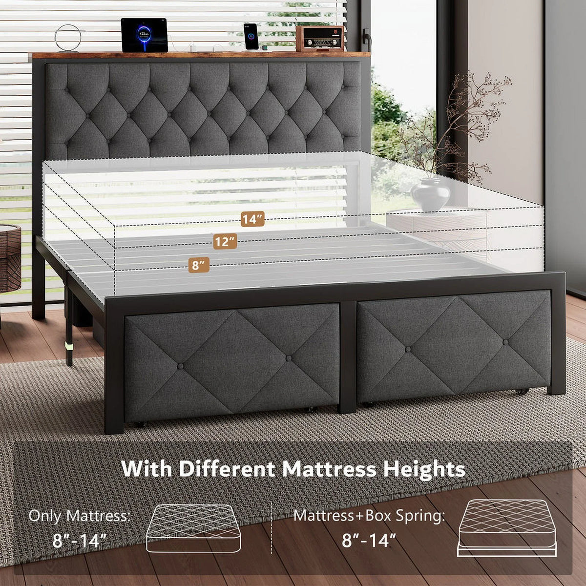 iPormis Full Bed Frame with 2 Drawers, Metal Platform Bed with Charging Station and Linen Fabric Storage Headboard Strong Metal Slats Black,Gray