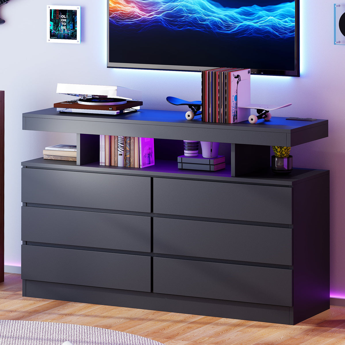 BEWISHOME Black 6-Drawer Dresser with LED Lights & Charging Station �C Modern Wood Storage Cabinet with Open Shelge Cabinet with Open Shelf, USB Ports & Outlets �C 47.24" Bedroom & Living Room TV Stand