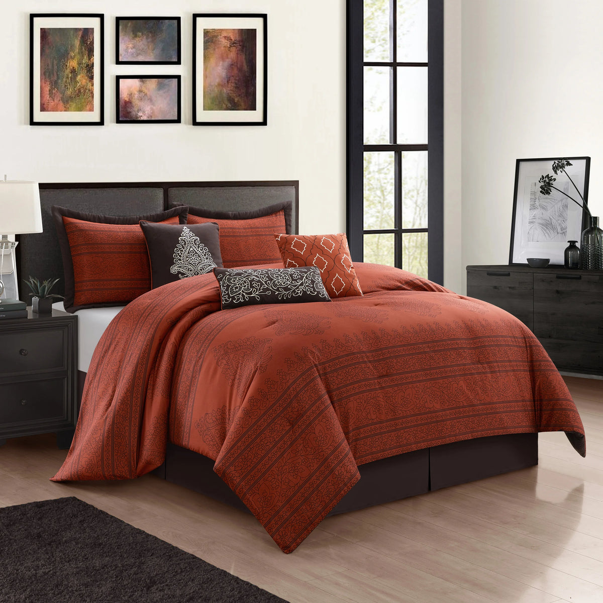 Lanco Smoke Grey Comforter Set California King Size, 9 Piece Jacquard Floral Bedding Set, All Season, Ultra-Soft, Matching Pillows & Shams, Bed Skirt