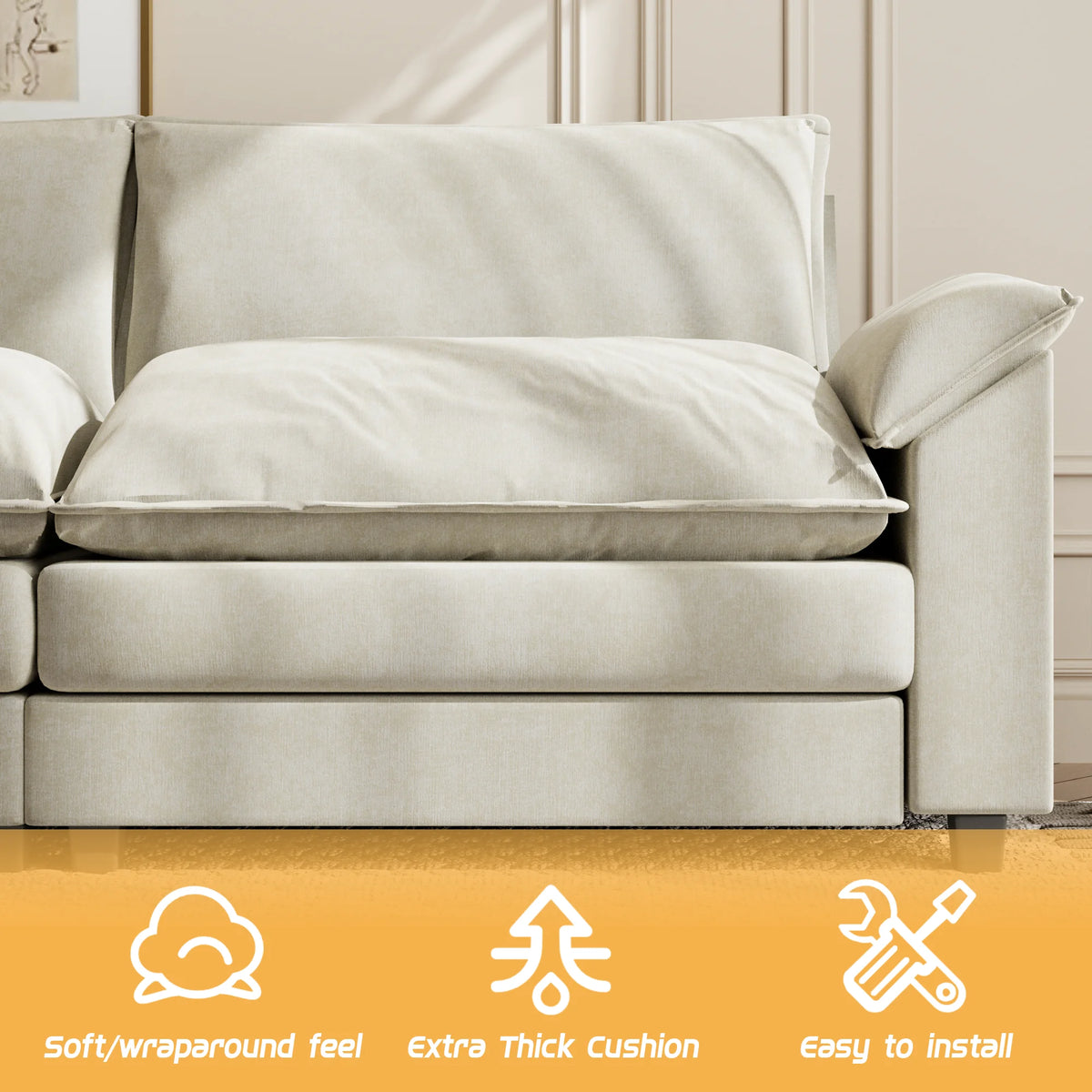 Homall Sectional Sofa 3-seat L-shaped Sofa with reversible toffee chair Movable Footrest Sofa,White