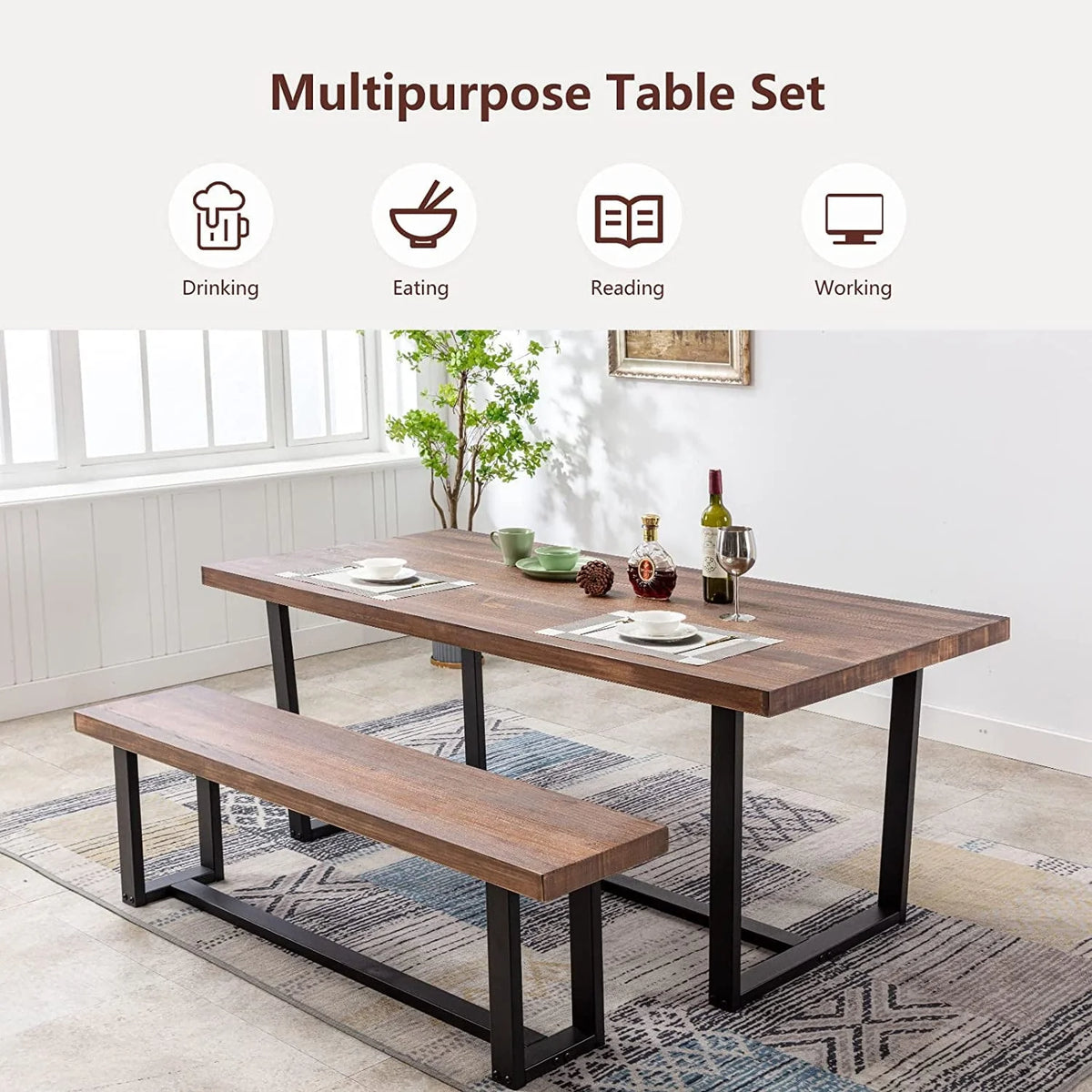 ChVans Dining Table for 4-6 Person, Rustic Farmhouse Solid Wood Dining Table with Metal Frame for Kitchen Meal(Brown-72 in Dining Table)