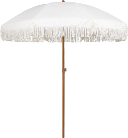7ft Patio Umbrella with Fringe Outdoor Tassel Umbrella UPF50+ Premium Steel Pole and Ribs Push Button Tilt, Riviera Pink Stripe