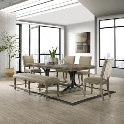 Birmingham Nailhead 6-Piece Table with Nail Head Bench Dining Set, Driftwood