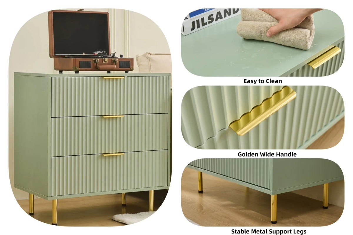 HRYJ White Large 3 Drawers Nightstand Dresser Fluted Wood Night Stand Bedside Table for Bedroom