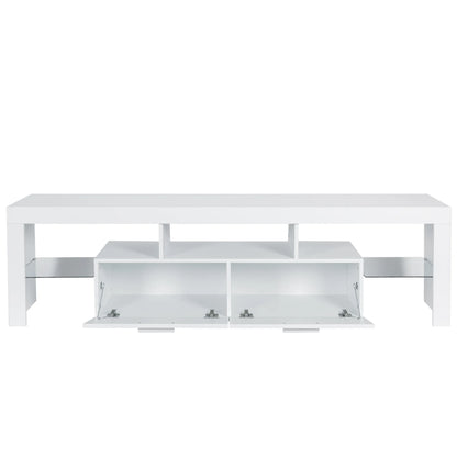 UHOMEPRO TV Stand for TV up to 70", Living Room Entertainment Center with RGB LED Lights and Storage Shelves Furniture, White High Gloss TV Cabinet Console Table