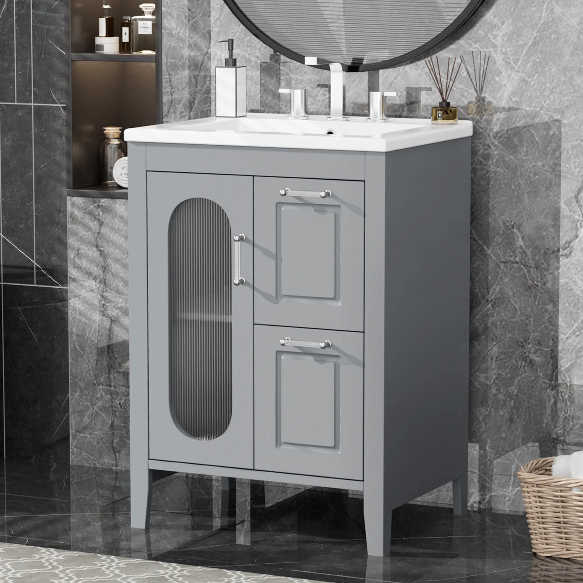 Soges 24" Bathroom Vanity with Ceramic Sink, Solid Wood Bathroom Makeup Cabinet with Door, Adjustable Shelf and 2 Drawer, Free Standing Single Basin Vanity Set for Small Bathroom, White