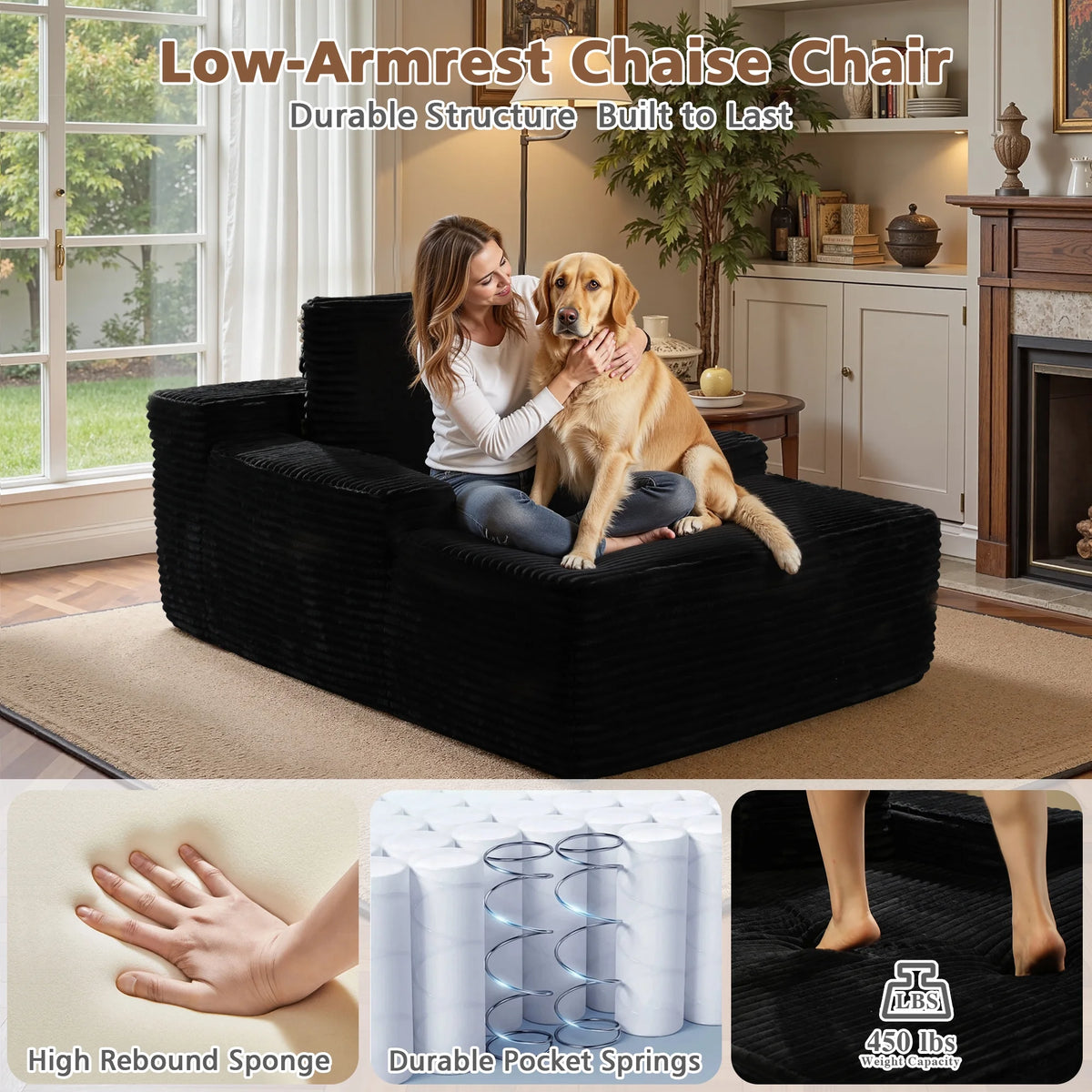 Ovios 67'' Oversized Chaise Lounge Chair Indoor Cloud Plush Corduroy Floor Sofa Bed Deep Seat No Assembly Couch for Living Room, Black