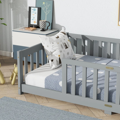 Miniyam Wooden Twin Size Floor Bed with Safety Fence for Kids, Natural