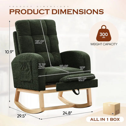 FFH Rocking Chair Nursery, Tufted Accent Rocker Chair, Upholstered Armchair with Adjustable Footrest, Side Pocket, High Backrest, Padded Seat, Polyester Blend (Retro, Dark Gray)
