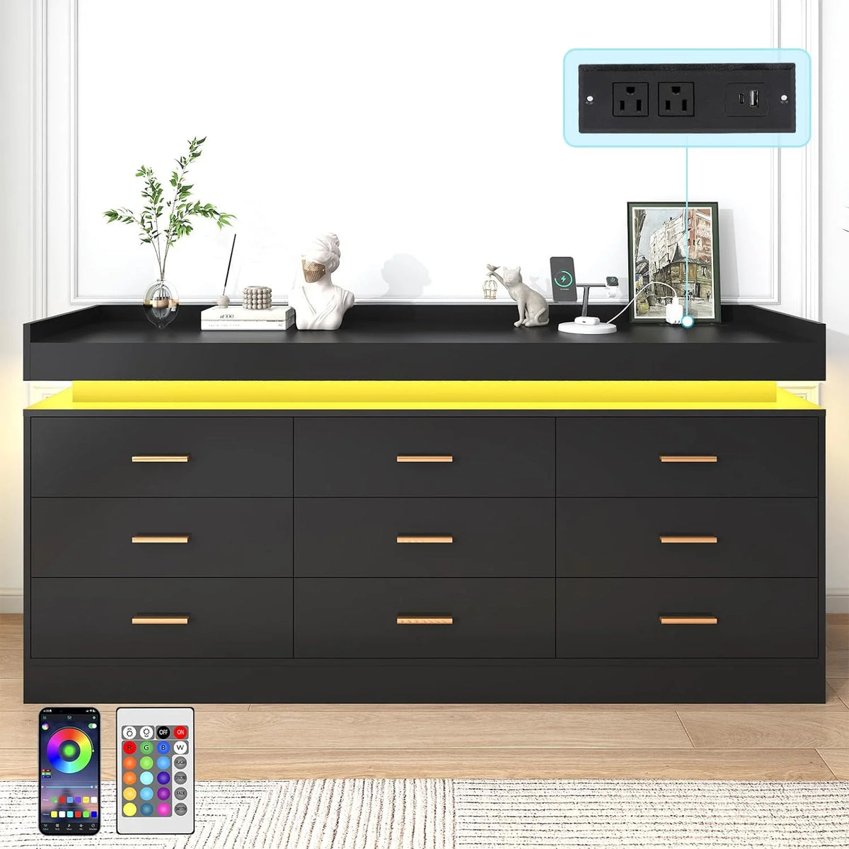 ANPOO 9 Drawer Dresser with LED Lights and Charging Station, Modern Double Wide Chest of Drawers with Power Outlet for Bedroom, Living Room