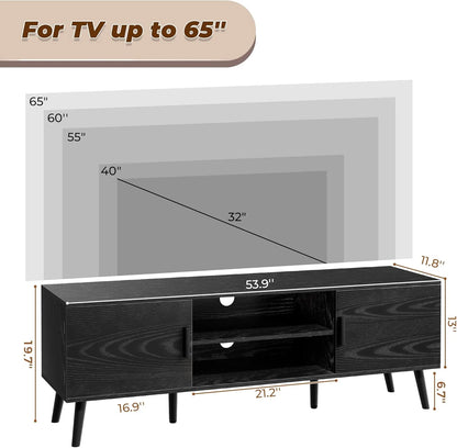LL TV Stand for 55 Inch TV, Entertainment Center with Adjustable Shelf, 2 Cabinets, TV Console Table, Media Console, Solid Wood Feet, Cord Holes, for Living Room, Bedroom, White