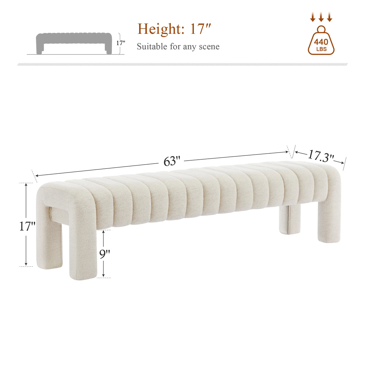 Zesthouse 63�� End of Bed Bench, Linen Tufted Upholstered Ottoman Bench with Padded Seat and Solid Wood Leg, Modern Entryway Bench for Bedroom, Living Room, Beige