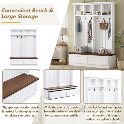 Farmhouse  4-in-1 Hall Tree with Wood Grain Bench, Mudroom Versatile Coat Rack with 2 Large Drawers, Large Entrance Organizer with 6 Black Hooks for Hallway, Living Room, White, 55.9"Wx75.6"H