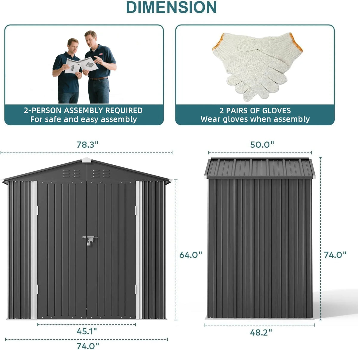 Lofka 6 x 4 FT Galvanized  Metal Outdoor Storage Shed with Double Lockable Doors and Air Vents for Patio, Garden, Backyard, Lawn, Dark Gray