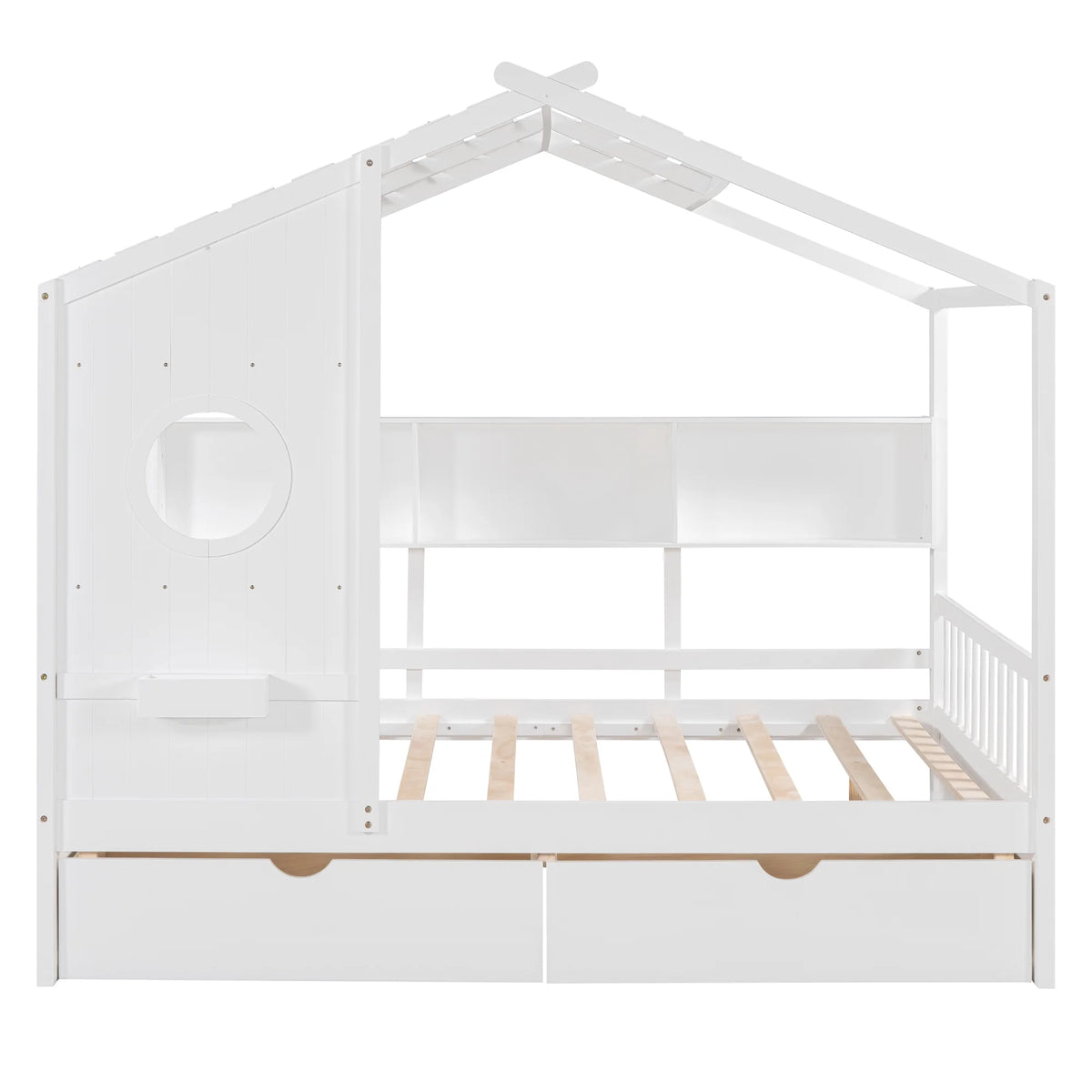 Bellemave House Bed with 2 Drawers and Storage Shelves, Wood Full Size Montessori Bed Frame with Roof and Window, Playhouse Bed for Bedroom (White)