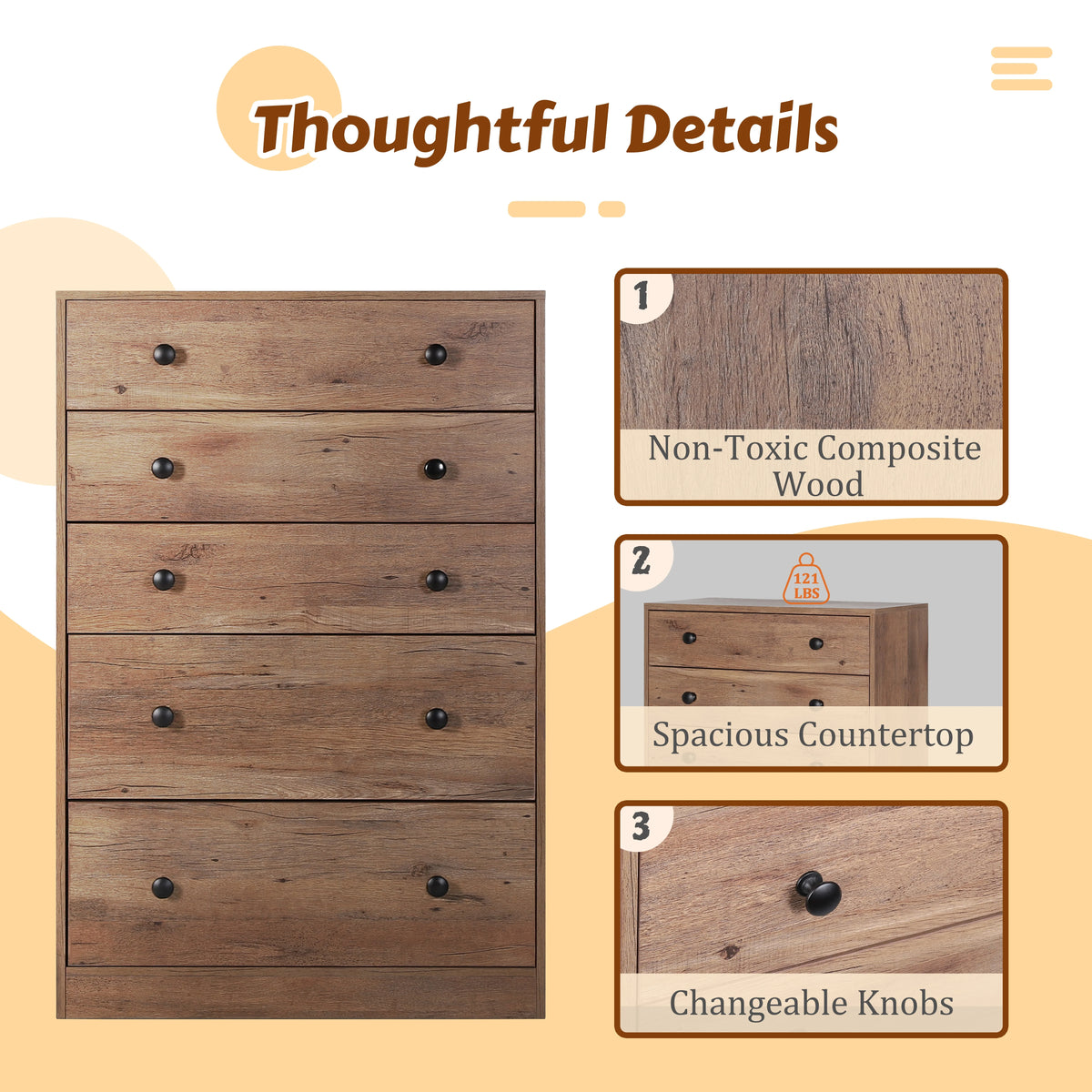 VEIKOUS Oversized 5-Drawer Dresser Chest, Large Storage Dresser for Bedroom Storage, Oak