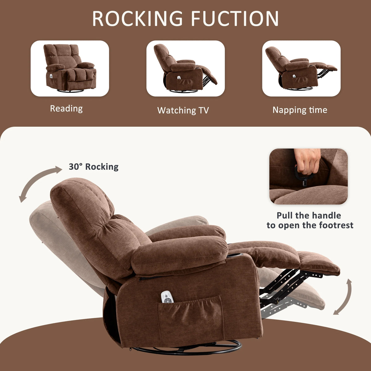 JONPONY Manual Recliner Chair with Heat Therapy and Massage Function, Heavy Duty Reclining Mechanism Massage Chair, Elderly Single Rocker Sofa with Cup Holders for Bedroom Home Theater,Grey