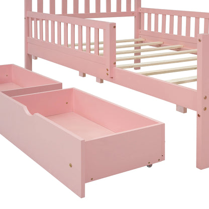 Bellemave Twin Bed with Storage Drawers and Fence Rails, Wood Platform Beds Frame with Headboard, Twin Size Storage Bed for Kids Boys Girls Teens��White)