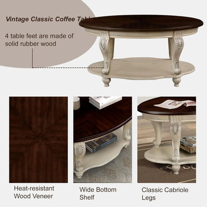 42" Oval Coffee Table with Storage Shelf, 2-Tier Solid Wood Cocktail Tea Table, Traditional Retro Center Table for Living Room, Bearing 400LBS, Cherry