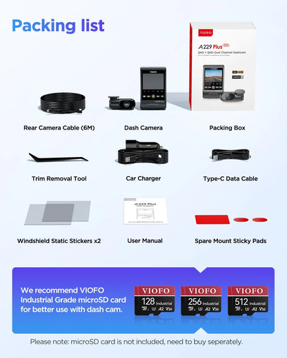 VIOFO A229 Plus Dash Cam with Dual STARVIS 2 Sensors, 2 Channel HDR, 1440P+1440P Front and Rear, Voice Control Car Dash Camera, 5GHz Wi-Fi, Ultra-Precise GPS, 24 Hours Parking Mode, Support 512GB Max