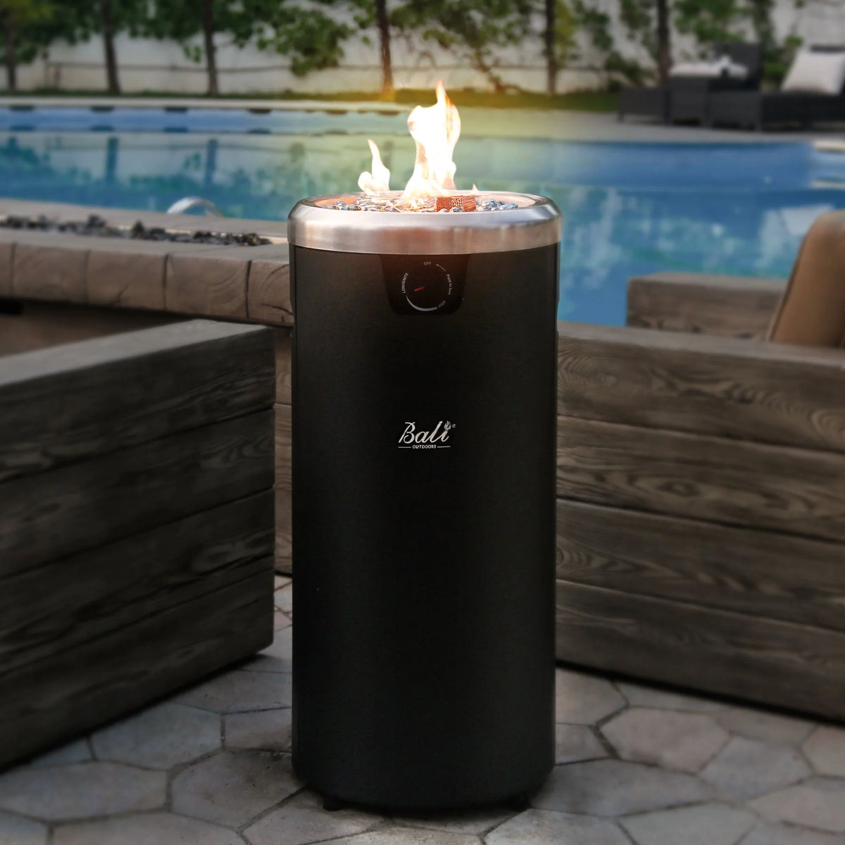 BALI OUTDOORS Round Propane Fire Pit Fire Column, 32-inch Tall Black Gas Fire Pit for Backyard and Garden