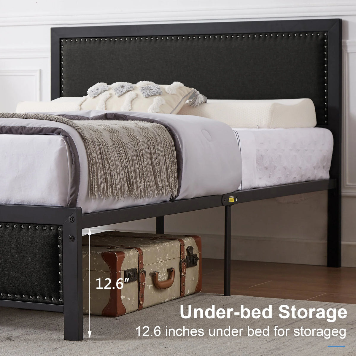 VECELO Queen Size Bed Frame Metal Platform Bed with Upholstered Headboard, No Box Spring Needed, Black