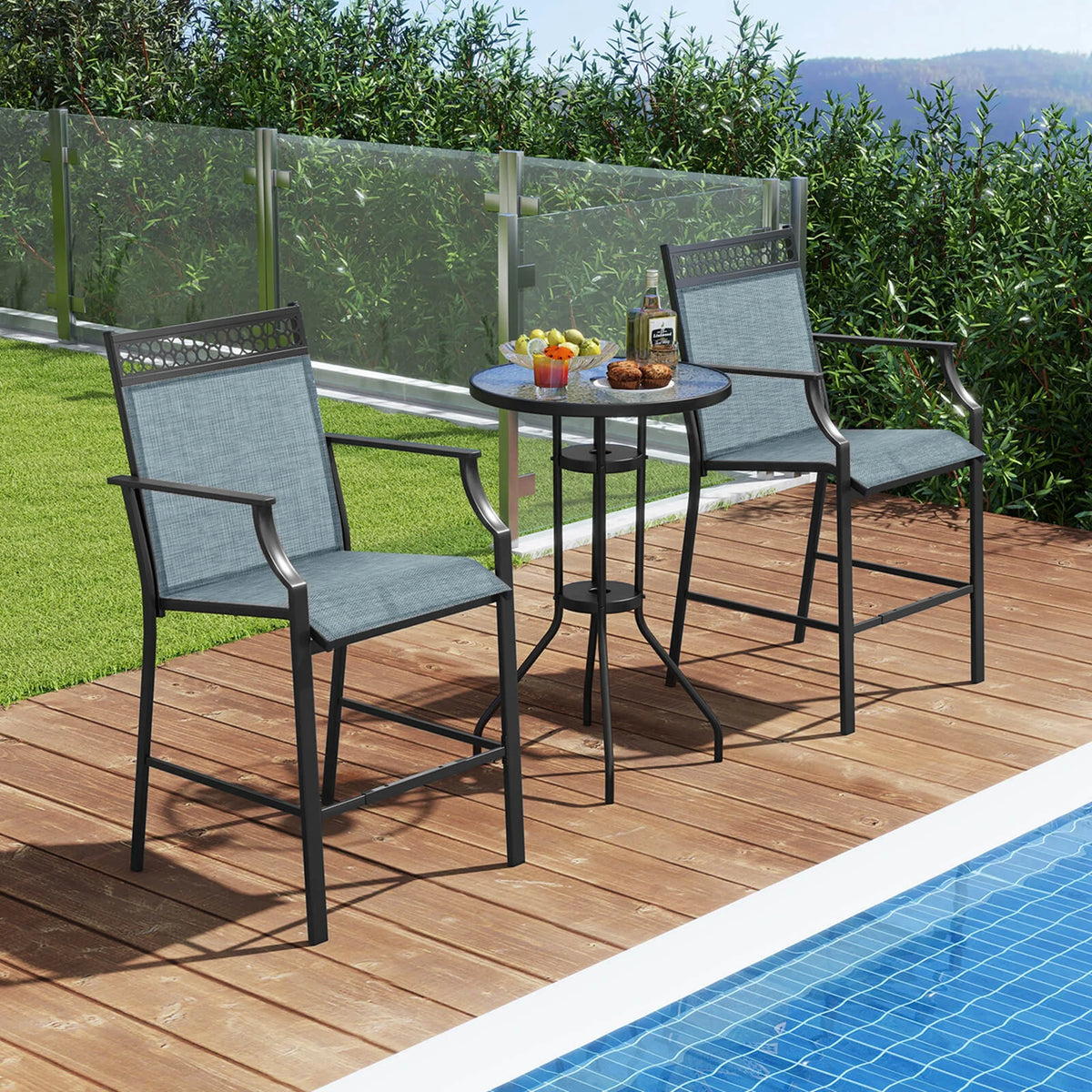 Costway Outdoor Counter Stools Set of 2 with Footrest & Armrests Metal Frame for Backyard Blue