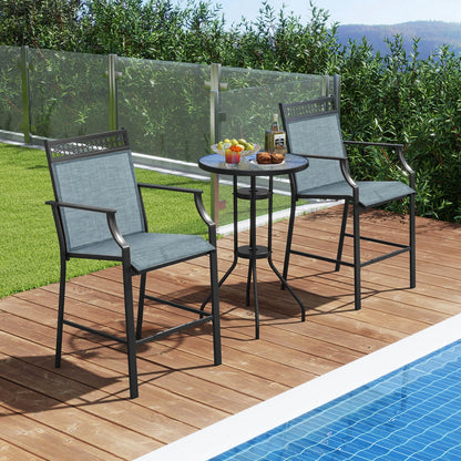 Costway Outdoor Counter Stools Set of 2 with Footrest & Armrests Metal Frame for Backyard Blue