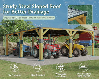 Jocisland 20x20x9.2 ft Cedar Wood Carport with Sloped Galvanized Steel Roof, Heavy Duty Outdoor Shelter for 2 Cars, Trucks, Boats & Tractors