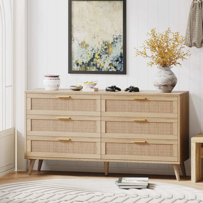 Rovaurx 6 Drawer Double Dresser Chest, Bedroom Chest of Dressers, Rattan Beside Table, Natural
