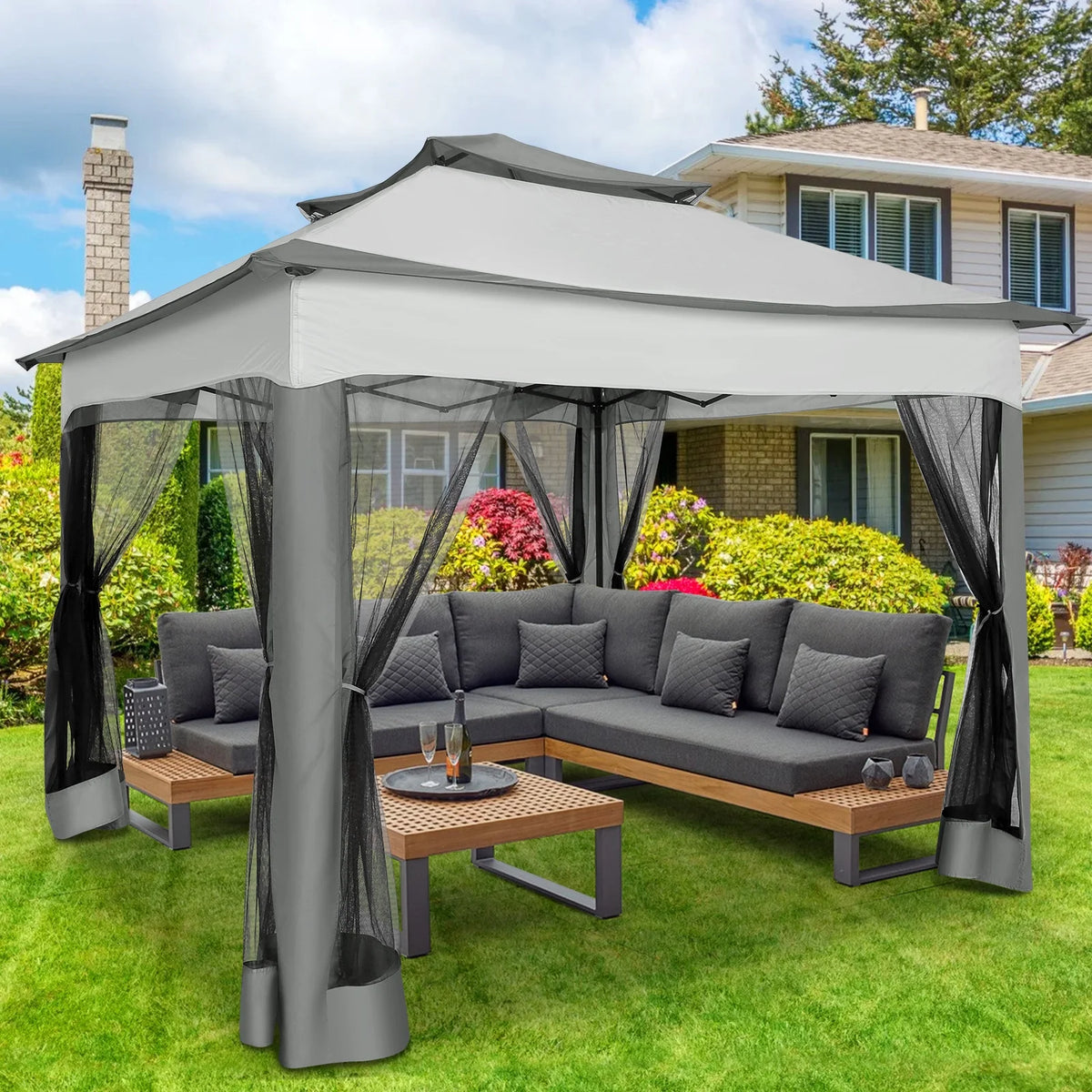 COBIZI 12x12 Outdoor Gazebo Pop Up Gazebo Canopy with Mosquito Netting Patio Tent Backyard Canopy with 2-Tiered Vented Top 3 Adjustable Height, Beige