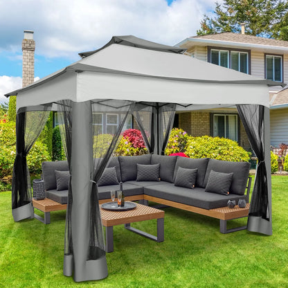 COBIZI 12x12 Outdoor Gazebo Pop Up Gazebo Canopy with Mosquito Netting Patio Tent Backyard Canopy with 2-Tiered Vented Top 3 Adjustable Height, Beige