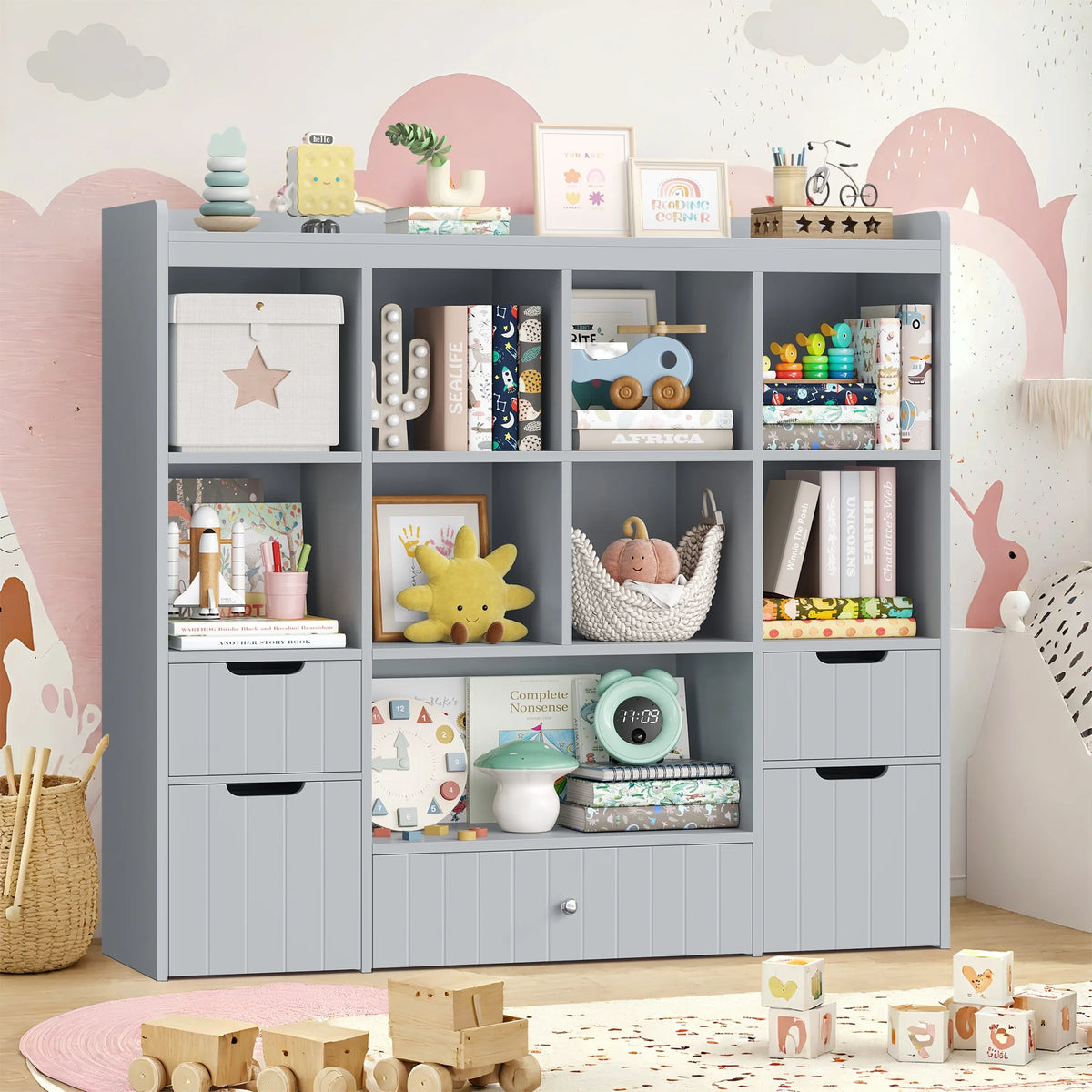 Homfa Kids Toy Storage Organizer with Cubby, Kids Toy Storage Chest with Removable Drawers, Kids Bookcase for Playroom Bedroom Living Room, Gray