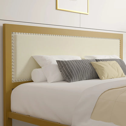 VECELO Queen Size Bed Frame Metal Platform Bed with Upholstered Headboard, No Box Spring Needed, Black