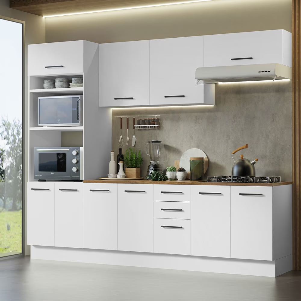 Madesa Full Set Hazel Kitchen Storage Cabinet 107 Inch Wooden Organization Unit with Multiple Compartments Engineered Wood Slab Doors Painted Finish Floor Mount Removable Plinth - White/Brown