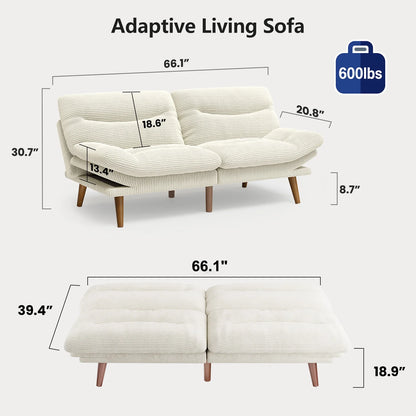 CHITOOMA 66" Futon Sofa Bed with Adjustable Backrest and 6-Level Armrests, Grey Corduroy Convertible Futon Couch, Comfy Loveseat for Small Spaces, Apartment or Office
