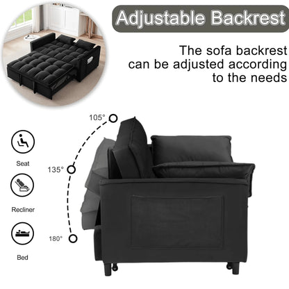 Velvet 3-in-1 Convertible Sofa Bed �C USB Charging, Adjustable Backrest Pull-Out Couch Loveseat Sleeper for Living Room, Apartment & Small Space,Black