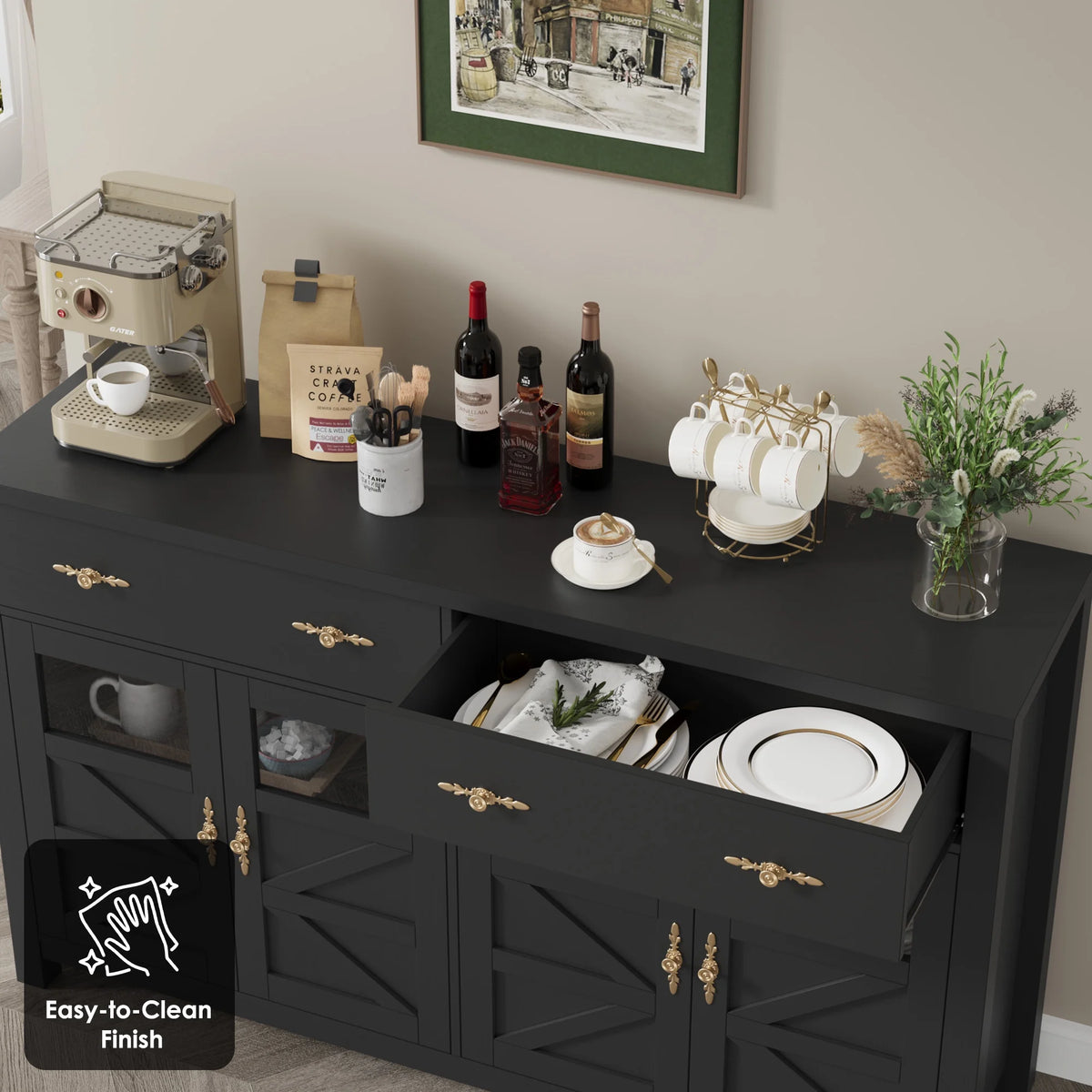 Homfa Farmhouse 55.1"WKitchen Buffet Cabinet with Storage Drawer & Adjustable Shelf, Glass Door Wood Sideboard Credenza Coffee Bar with for Dining Room Living Room, White & Black