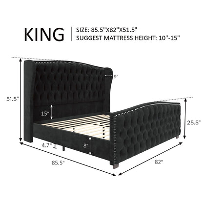 VANACC Queen Size Bed Frame, Velvet Upholstered Bed with Deep Button Tufted Wingback Headboard��Grey