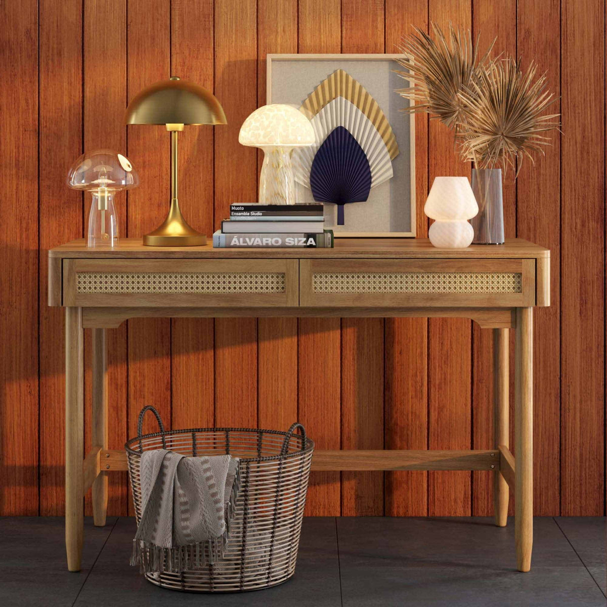 Better Homes & Gardens Springwood Caning Desk, Light Honey Finish