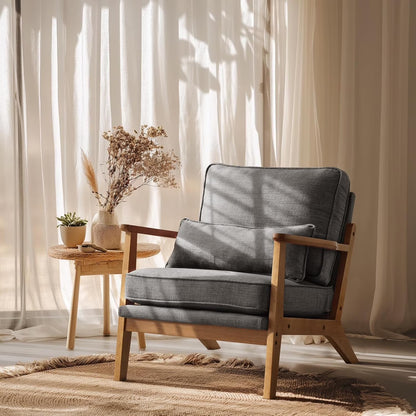 RWTFGV Solid Wood Wide Armrests Accent Chair,Upholstered Mid Century Modern Chair with Pillow,Comfy Reading Chair Farmhouse Arm Chair,Chairs Living Room,Bedroom,Guest Room,Linen Fabric,Beige