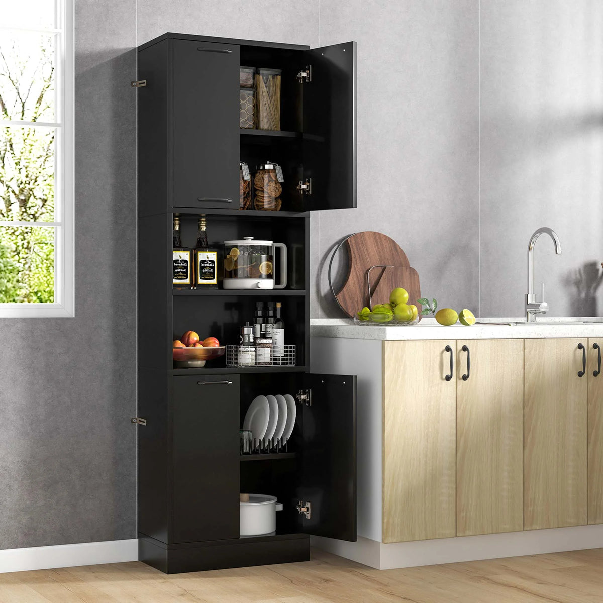 Costway 75" Tall Bathroom Storage Cabinet with 4 Doors & 2 Open Compartments Freestanding White