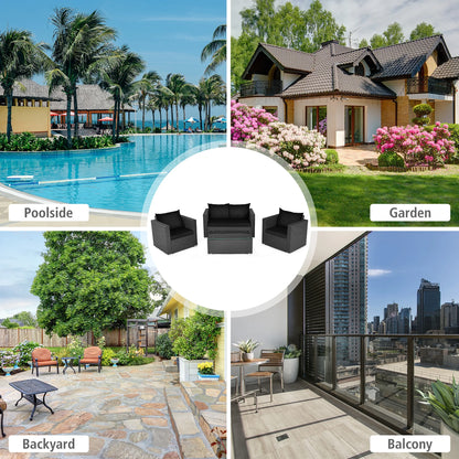 Costway 4PCS Patio Rattan Furniture Set Cushioned Sofa Chair Coffee Table Black