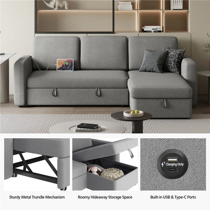 Alden Design Reversible Sectional Sofa with USB & Type-C Ports for Livingroom, Light Gray