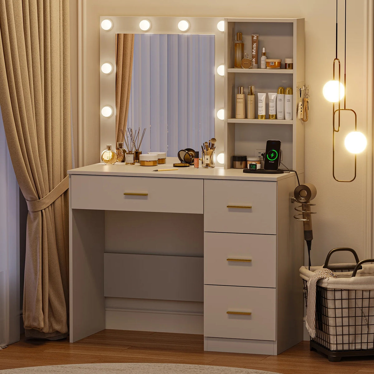 Makeup Vanity with Mirror and 3 Color Lights,Vanity Dressing Table with USB Charging Station,4 Drawers,Open Storage Shelves,White