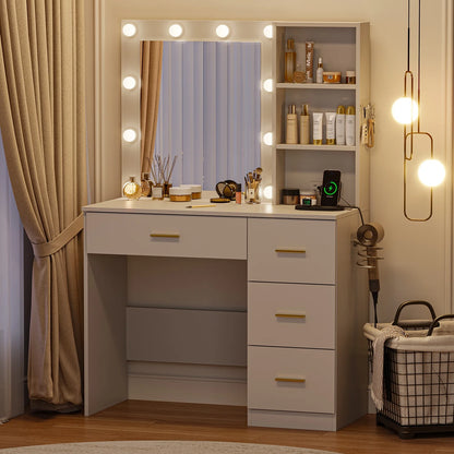 Makeup Vanity with Mirror and 3 Color Lights,Vanity Dressing Table with USB Charging Station,4 Drawers,Open Storage Shelves,White