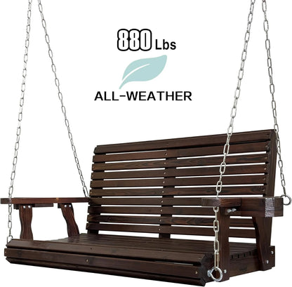 Fortune Candy 3 Person Outdoor Wood Hanging Swing, Heavy Duty 880 lbs Wood Porch Swing, Brown-5ft