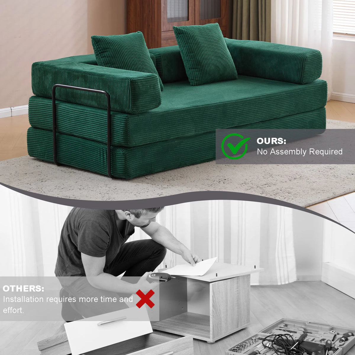 Taicans ?Convertible Floor Sofa Bed - 3 Seats Foldable Corduroy Futon Couch w/Pillow Support,Space-Saving Guest Bed for Living Room,Dorm,No Assembly Compressible Foam Mattress (Gray,76.7Inch L)